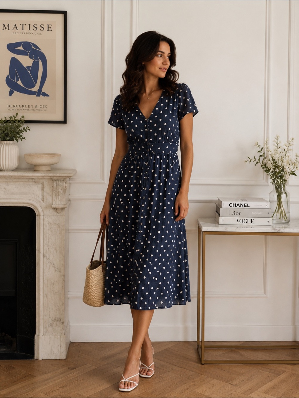 Indi & Cold Navy Polka Dot Swiss Dot Midi Dress Cottagecore L Prairie Market